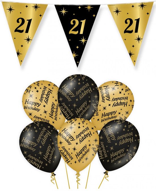 Q2P 21 Jaar Slinger – Vlaggenlijn 10m, Wit & Goud – Vlaggen 21x30 Cm – Feestdecoratie, Verjaardag, Binnen & Buiten