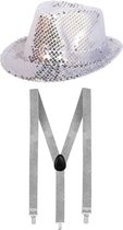 Toppers in concert - Faram Verkleedkleding set zilveren hoed en bretels glitter volwassenen