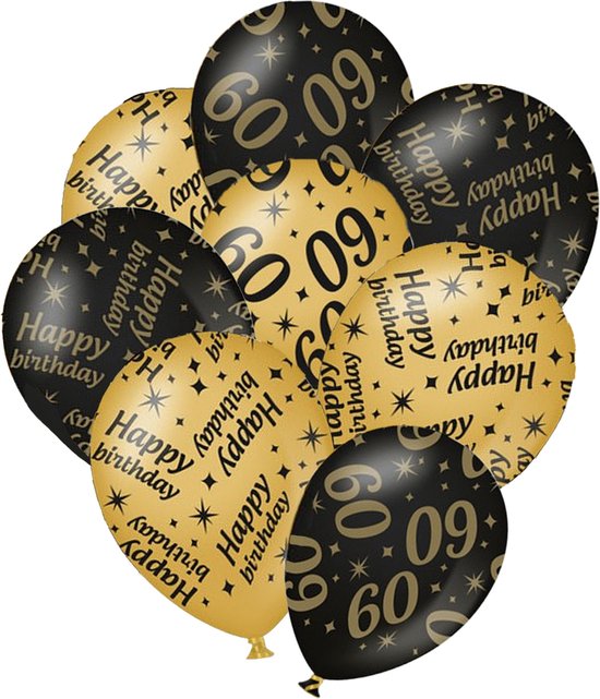 Verjaardag ballonnen - 60 jaar en happy birthday 24x stuks zwart/goud