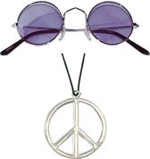 Toppers in concert - Widmann - Hippie Flower Power verkleed set peace ketting en ronde paarse glazen party bril