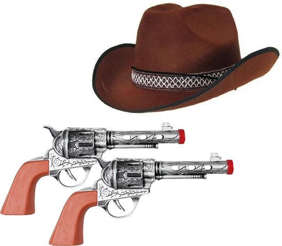 Faram - Ensemble chapeau de cowboy marron et 2 revolvers déguisés adultes