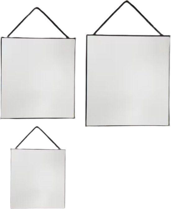 Hangspiegel PABLO Met Metalen Ketting - Zwart - Metaal / Glas - Ca 20 / 30 / 35 cm - Vierkant - Set van 3 spiegels