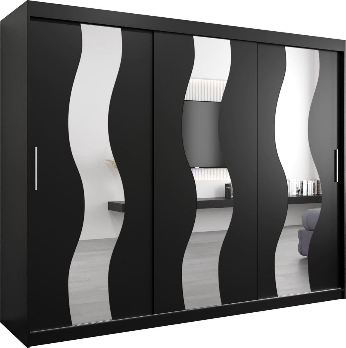 InspireME Kledingkast met 3 schuifdeuren, Modern-stijl, Een kledingkast met planken en een spiegel (BxHxD): 250x200x62 - REESE 250 Zwart Mat met 4 lades