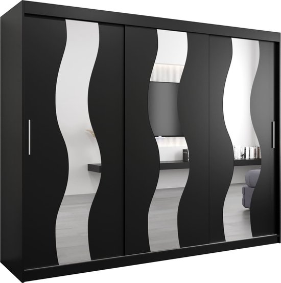 InspireMe - Kledingkast met 3 schuifdeuren, Modern-stijl, Een kledingkast met planken en een spiegel (BxHxD): 250x200x62 - REESE 250 Zwart Mat met 4 lades