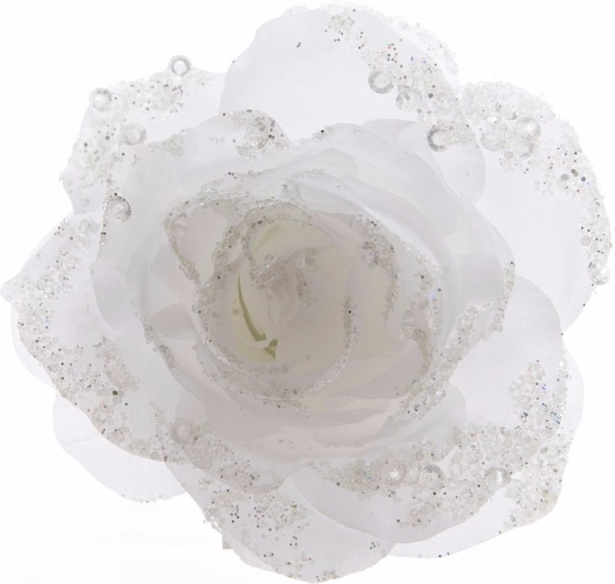 Decoris Kerst bloem - op clip - wit - glitter - D14 cm - kunststof - kerstversiering - kerstbloem