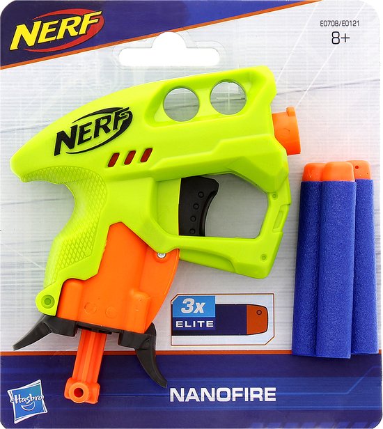 Lichtgroene Nerf NanoFire blaster met oranje onderdelen, inclusief 3 Elite pijltjes.