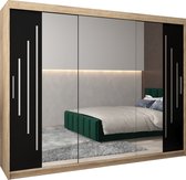InspireMe - Kledingkast met 3 schuifdeuren, Modern-stijl, Een kledingkast met planken en een spiegel (BxHxD): 250x200x62 - MALTESE II 250 Sonoma Eik + Zwart Mat met 4 lades