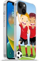Geschikt voorApple Iphone 14 Plus - Soft case hoesje - Een illustratie van twee voetballers die een prijs hebben gewonnen - Jongens - Meisjes - Kind - Siliconen Telefoonhoesje