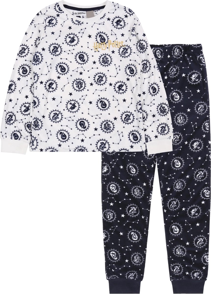 Harry Potter Girls velours pyjama met lange mouwen, wit en marineblauw / 122-128