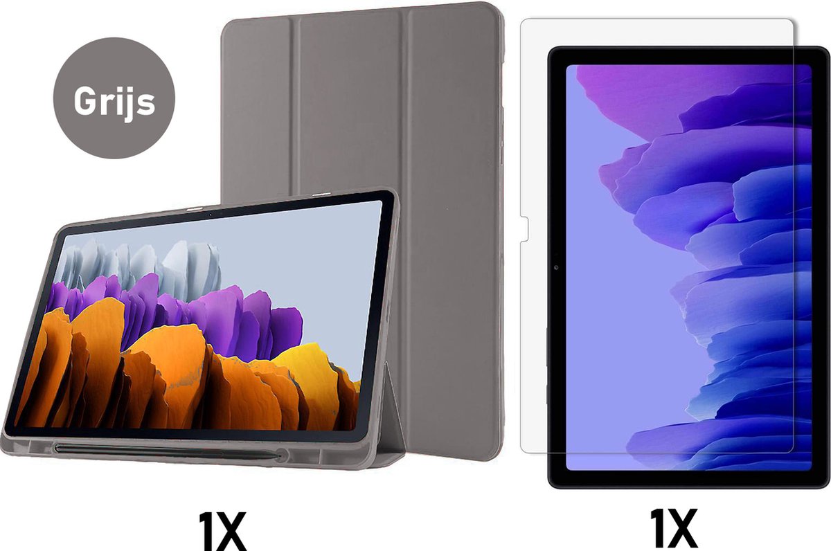 Casemania Hoes Geschikt voor Samsung Galaxy Tab S8 Plus - S7 FE & Tab S7 Plus Grijs & Glazen Screenprotector - Tri Fold Tablet Case - Smart Cover