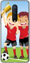 Geschikt voor OnePlus 8 hoesje - Een illustratie van twee voetballers die een prijs hebben gewonnen - Jongens - Meisjes - Kind - Siliconen Telefoonhoesje