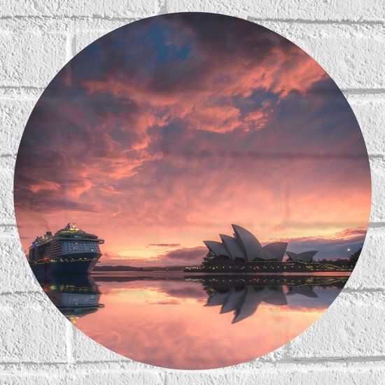 WallClassics - Muursticker Cirkel - Sydney Opera House met Zonsondergang - 40x40 cm Foto op Muursticker