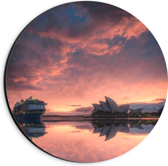 WallClassics - Dibond Muurcirkel - Sydney Opera House met Zonsondergang - 20x20 cm Foto op Aluminium Muurcirkel (met ophangsysteem)
