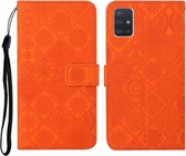 Voor Samsung Galaxy A51 etnische stijl reliëf patroon horizontale flip lederen tas met houder & kaartsleuven & portemonnee & lanyard (oranje)