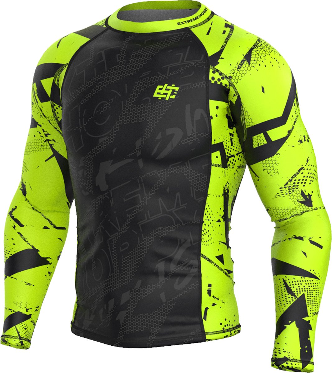 Extreme Hobby - Neo Lime - Rashguard Long Sleeve - Compression Shirt - Zwaart, Lime - Maat L