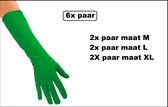 6x Paar Handschoenen lang groen assortie maten M, L en XL - Themafeest | Gala | Sinterklaas | Piet | Sint | Pieten | Handschoen