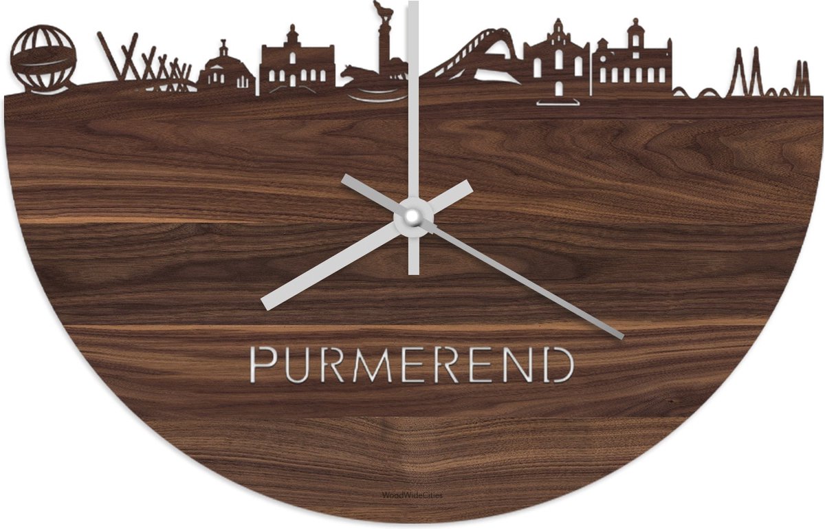 Skyline Klok Purmerend Notenhout - Ø 40 cm - Stil uurwerk - Wanddecoratie - Meer steden beschikbaar - Woonkamer idee - Woondecoratie - City Art - Steden kunst - Cadeau voor hem - Cadeau voor haar - Jubileum - Trouwerij - Housewarming - WoodWideCities