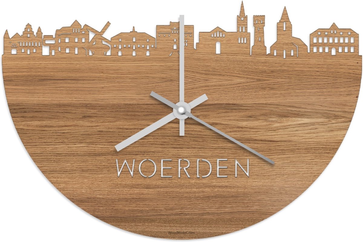 Skyline Klok Woerden Eikenhout - Ø 40 cm - Stil uurwerk - Wanddecoratie - Meer steden beschikbaar - Woonkamer idee - Woondecoratie - City Art - Steden kunst - Cadeau voor hem - Cadeau voor haar - Jubileum - Trouwerij - Housewarming - WoodWideCities