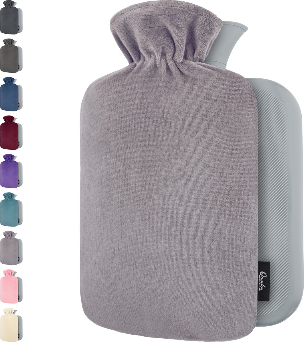 Qomfor Kruik met Zachte Fleece Hoes - 1,8 liter - Warmwaterkruik voor Pijnverlichting en Ontspanning - Grijs