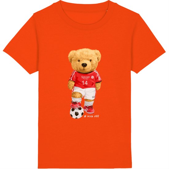 Jongens Meisjes T Shirt - Beer met Voetbal - Oranje - Maat 128