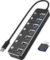 Nuvance - USB 3.0 Hub met Voeding - 7 Poorten - Inclusief USB C Converter - USB Splitter - Zwart