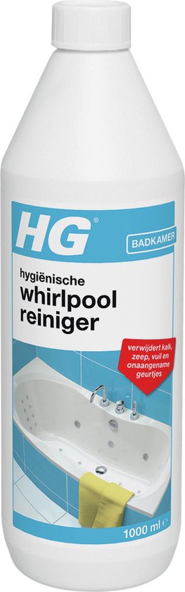 Witte fles HG hygiënische whirlpoolreiniger met blauw label. Afbeelding van een badkuip met bubbels.
