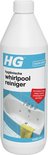 Witte fles HG hygiënische whirlpoolreiniger met blauw label. Afbeelding van een badkuip met bubbels.