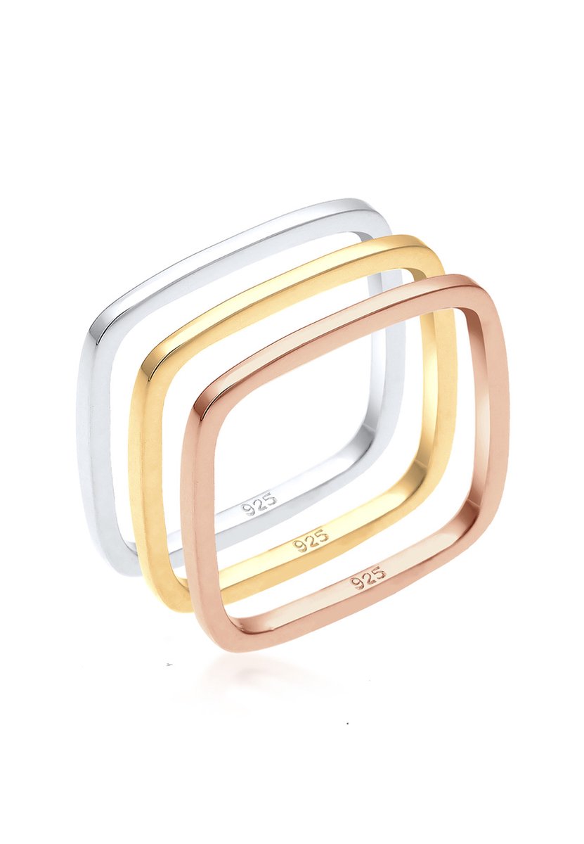 Elli - Ring - Dames Stapel Set Basis Vierhoek Driekleurig in 925 Sterling Zilver - Dames