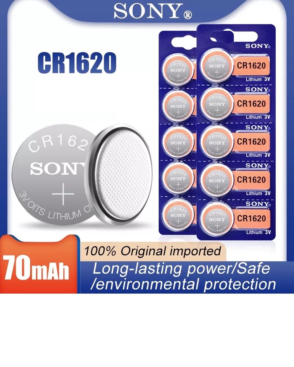 5x SONY knoopcelbatterij CR1620 CR 1620 3 Volt Lithium Kwikvrij voor afstandsbediening autosleutel