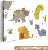 Canvasdoek kinderen - Wanddecoratie kinderkamers - Dinosaurus - Jongens - Wit - Wanddecoratie - Canvas schilderij dino - 90x60 cm