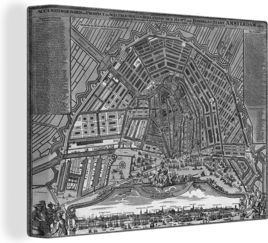 Plan de la ville d'Amsterdam en noir et blanc et historique sur toile - Carte 80x60 cm - Tirage photo sur toile (décoration murale salon / chambre)