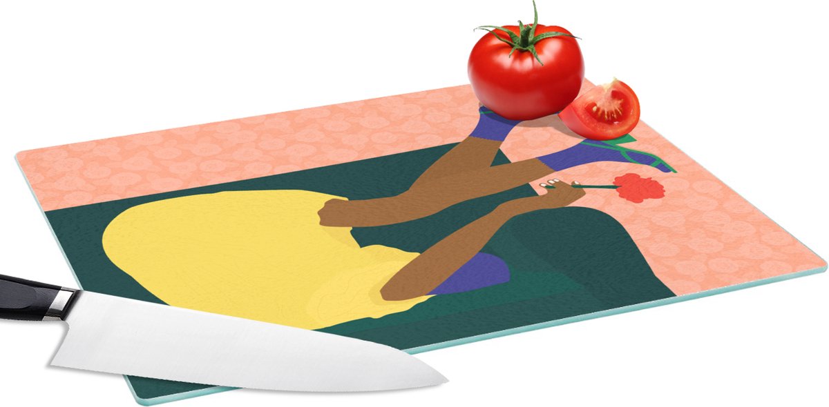 Glazen Snijplank - 39x28 - Vrouw - Bloemen - Retro - Snijplanken Glas
