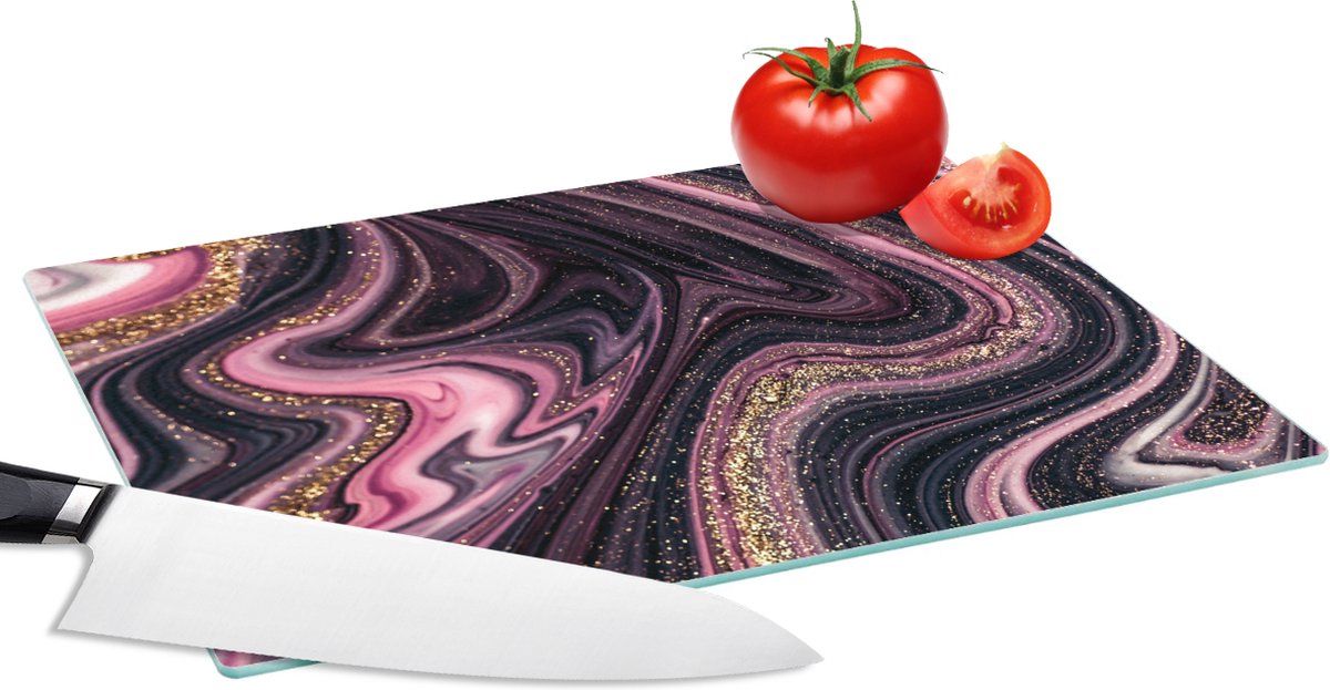 Glazen Snijplank - 28x20 - Marmerlook - Roze - Paars - Goud - Luxe - Marmer - Snijplanken Glas