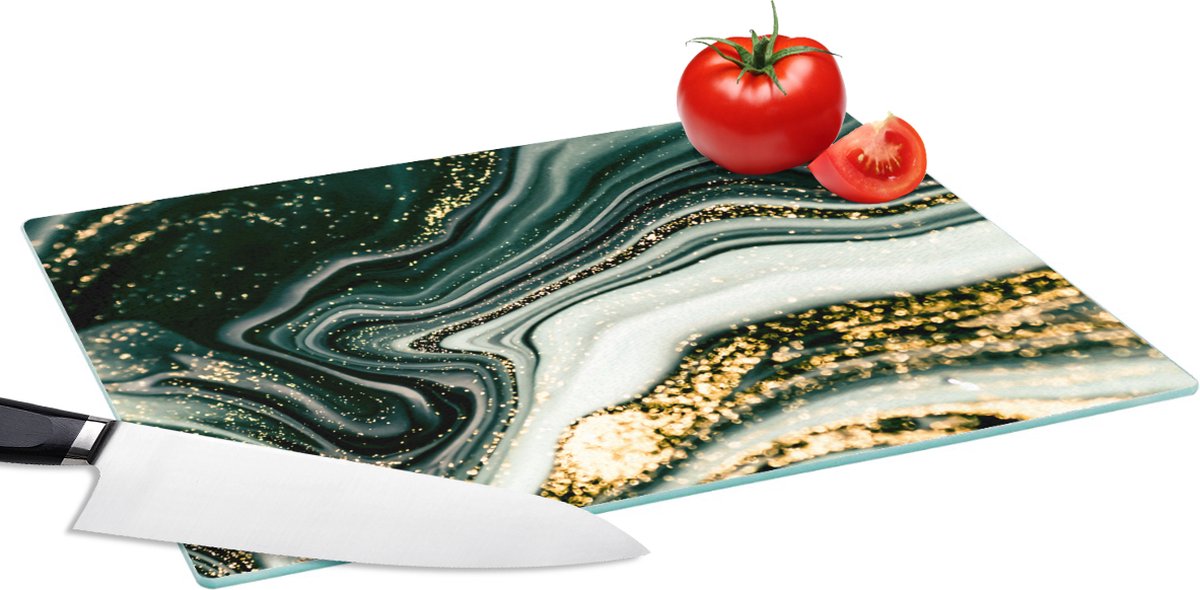 Glazen Snijplank - 39x28 - Marmerlook - Goud - Groen - Glitter - Design - Marmer - Snijplanken Glas