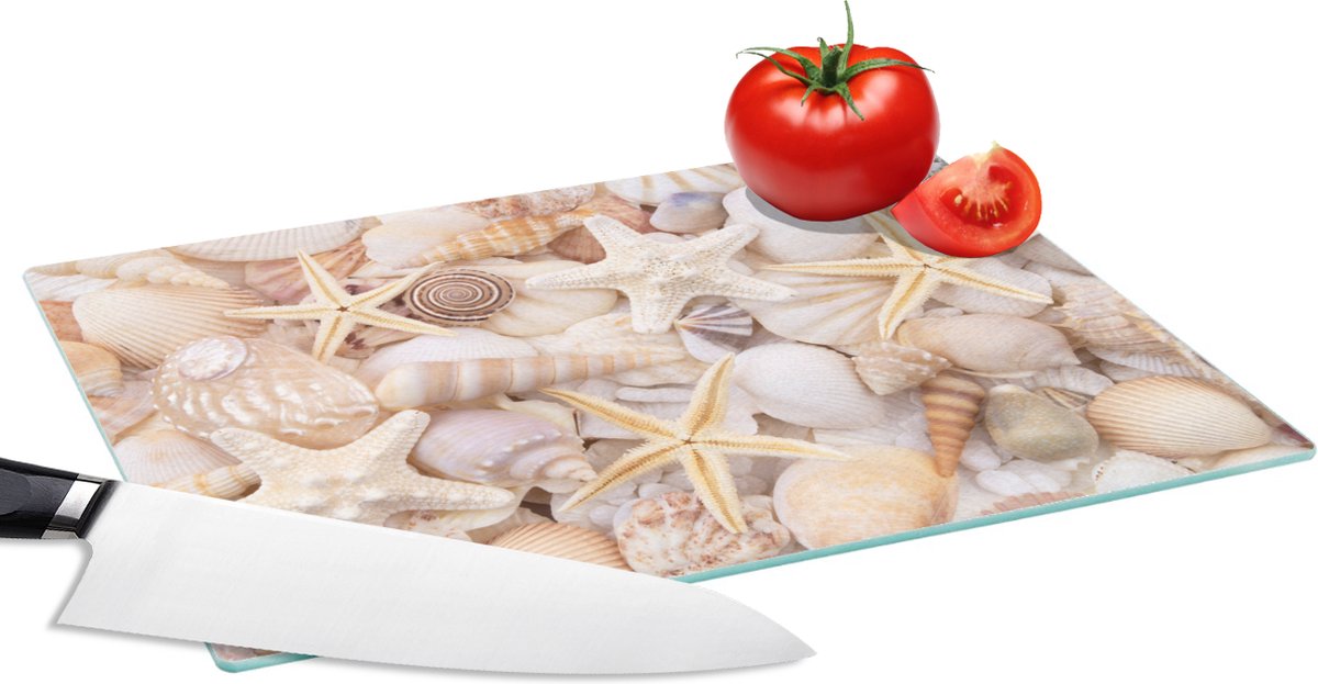 Glazen Snijplank - 28x20 - Zeesterren - Schelpen - Strand - Zomer - Snijplanken Glas