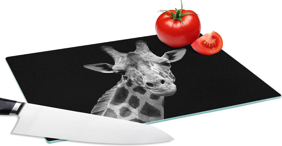 Glazen Snijplank - 28x20 - Giraffe - Wilde dieren - Zwart - Wit - Portret - Snijplanken Glas