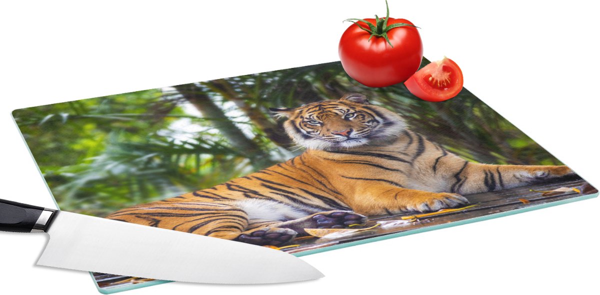 Glazen Snijplank - 39x28 - Tijger - Dieren - Bos - Bladeren - Jungle - Snijplanken Glas