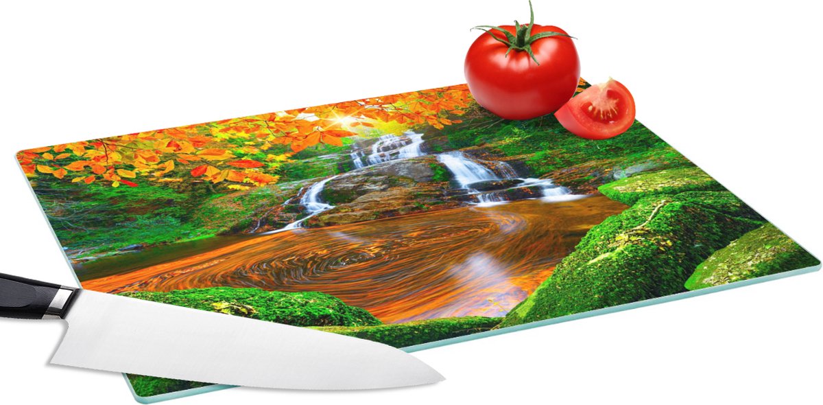 Glazen Snijplank - 39x28 - Natuur - Waterval - Stenen - Mos - Bladeren - Groen - Snijplanken Glas