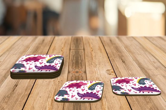 Sous-verres pour verres - Dino - Coeur - Motifs - Rose - Filles - Dinosaurus - 10x10 cm - Sous-verres en verre - 6 pièces