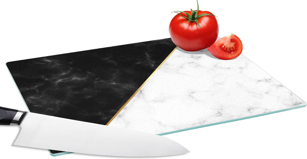 Glazen Snijplank - 28x20 - Marmer - Wit - Zwart - Goud - Snijplanken Glas