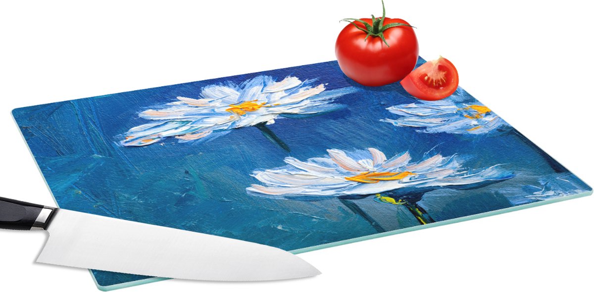 Glazen Snijplank - 39x28 - Schilderij - Olieverf - Bloemen - Blauw - Snijplanken Glas