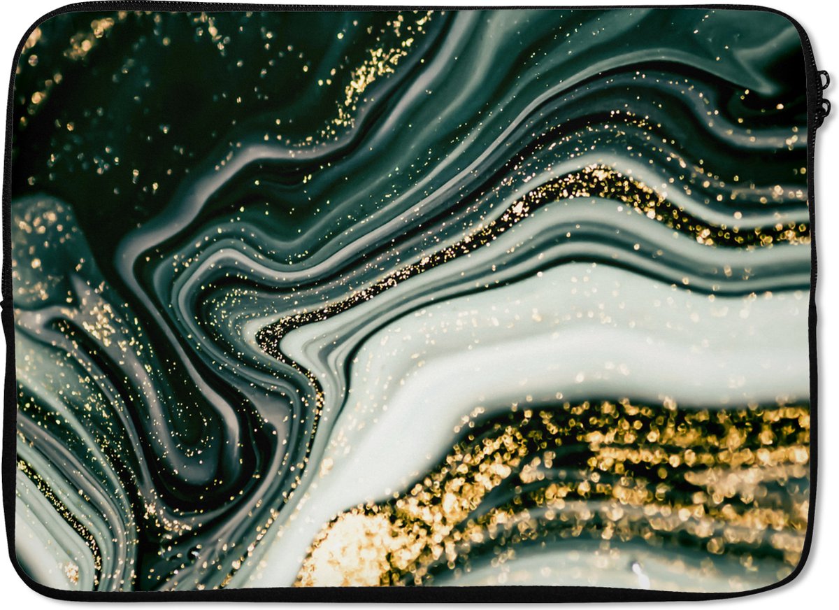 Laptophoes 14 inch - Marmer printlook - Goud - Groen - Glitter - Design - Marmer print - Laptop sleeve - Binnenmaat 33x23 cm - Zwarte achterkant
