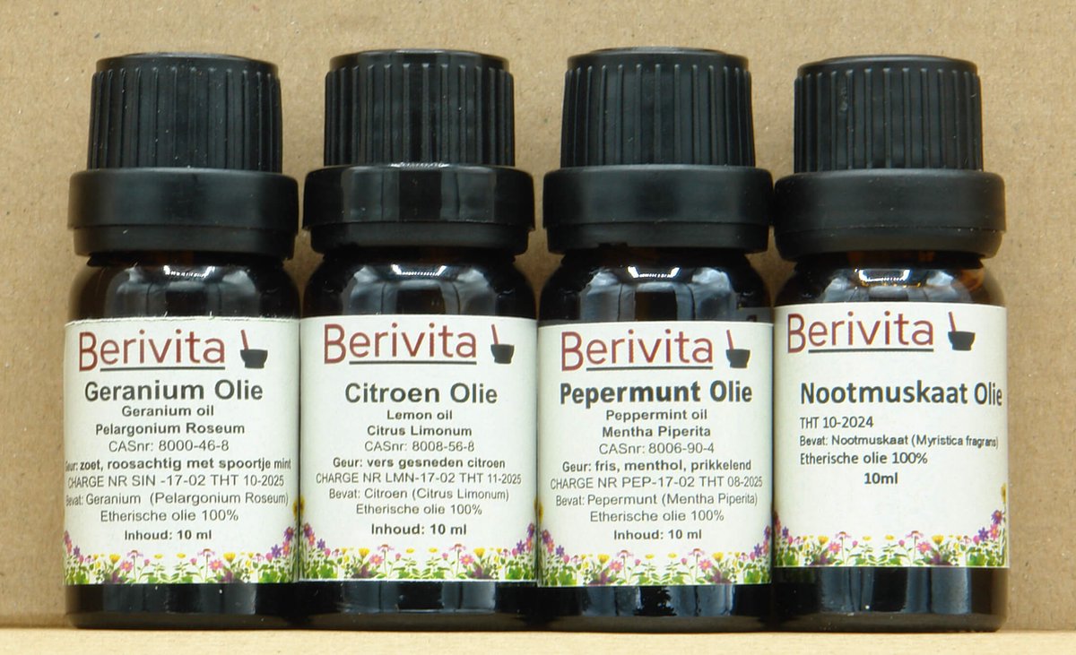 Goedkoopste Reuktraining Set 1 - Etherische Olie - Geraniumolie 10ml, Citroenolie 10ml, Pepermuntolie 10ml, Nootmuskaatolie 10ml - Bij Reukverlies