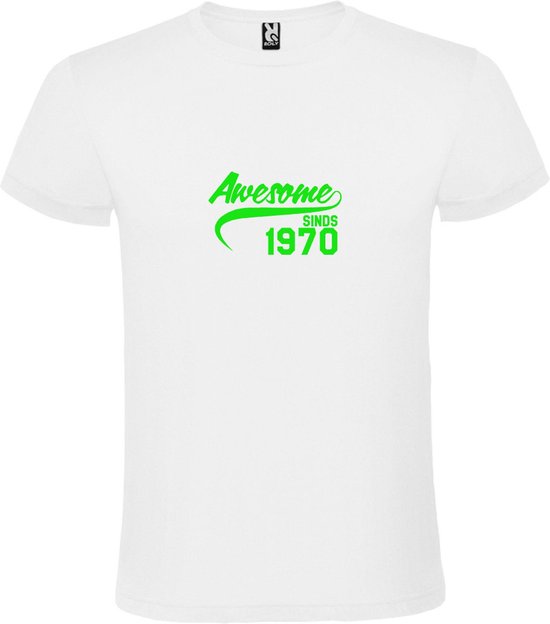Wit T-Shirt met “Awesome sinds 1970 “ Afbeelding Neon Groen Size XXXL