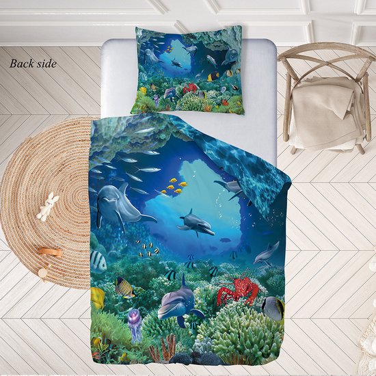 Ulticool - Dekbedovertrek - Beddengoed Dolfijn Zee Aquarium Vissen Dieren - 140 x 200 cm - Kussensloop 60 x 70 cm - voor Dekbed 1 Persoons Kamer - Decoratie Slaapkamer Accessoires Kinderen Blauw - Cadeau Tiener Jongen Meisje 5 6 7 8 9 10 11 12 jaar van Ulticool — afbeelding 4