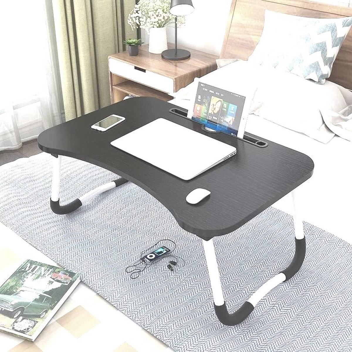 Bedtafel voor laptop, iPad, tablet, boek, huiswerk of ontbijt op bed | Opvouwbare laptop tafel met bekerhouder | 60x40x28 | Hout | Tafel | Zwart