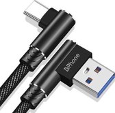DrPhone D9 - Type-C - USB-C Dubbele 90° Haakse Nylon Gevlochten kabel – 1 Meter -Datasynchronisatie & Snel opladen – Zwart
