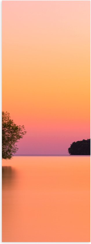 WallClassics - Poster Glanzend – Boom over Water bij Oranje/Roze Lucht - 20x60 cm Foto op Posterpapier met Glanzende Afwerking