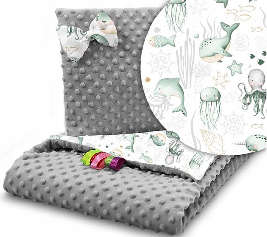 Foto: Exclusief minky fluwelen set deken met kussen 75x100cm zeeschepsel