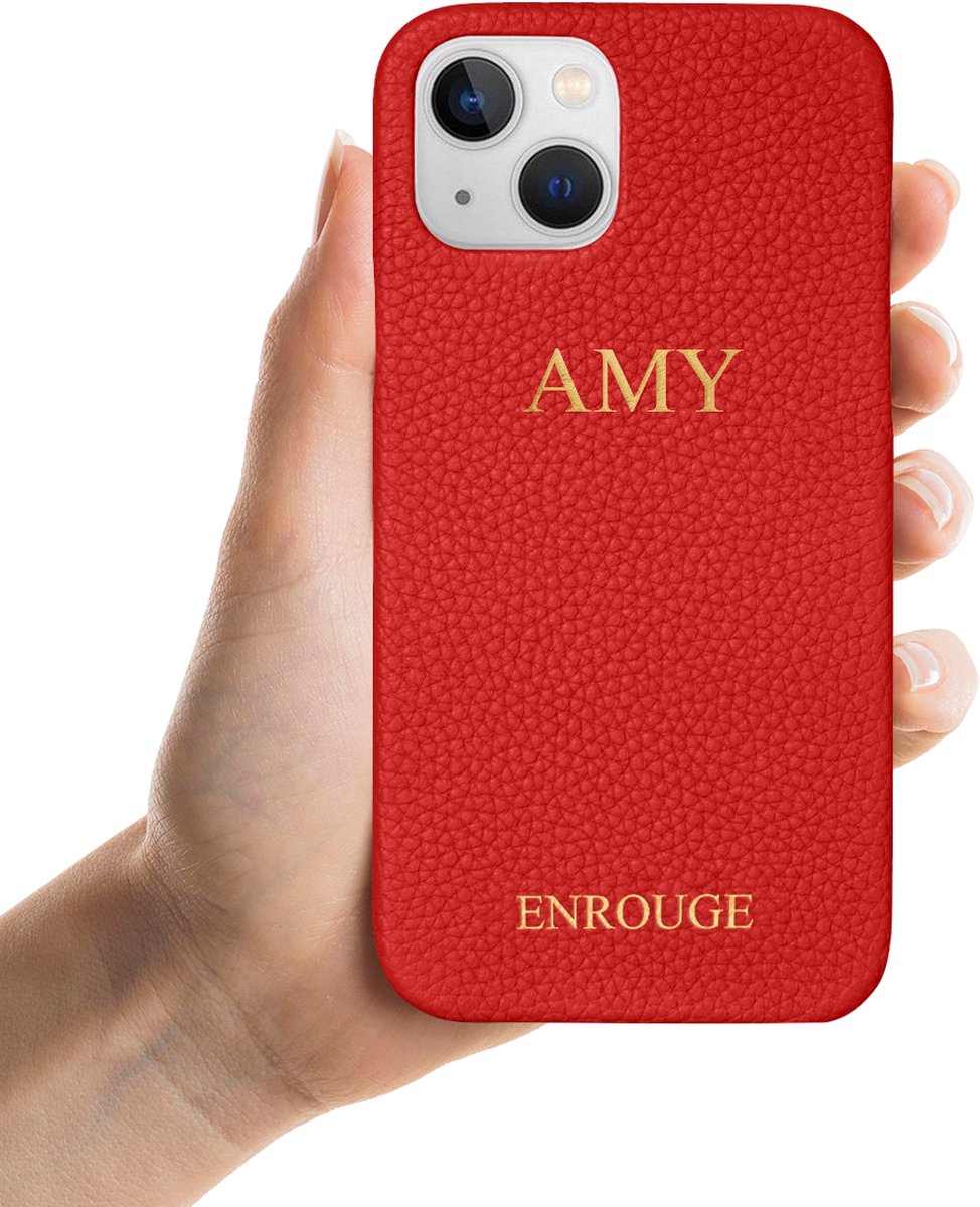Iphone 14 FLAME RED | Luxe Hoesje van Echt Leer | Gepersonaliseerd met Naam of Initialen | 100% Leder | Cadeautip Inclusief Geschenkverpakking